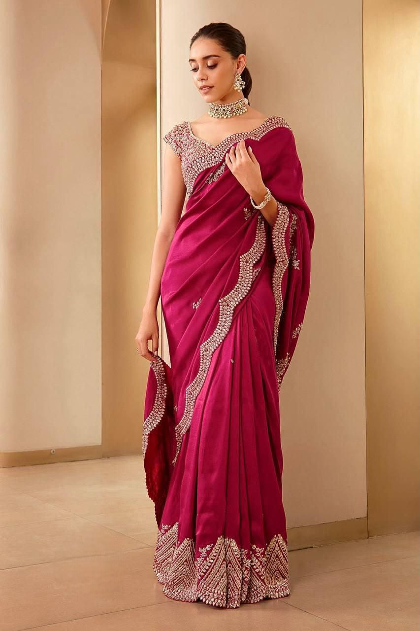 Peacock Teal Blue Designer Embroidery Zari Saree